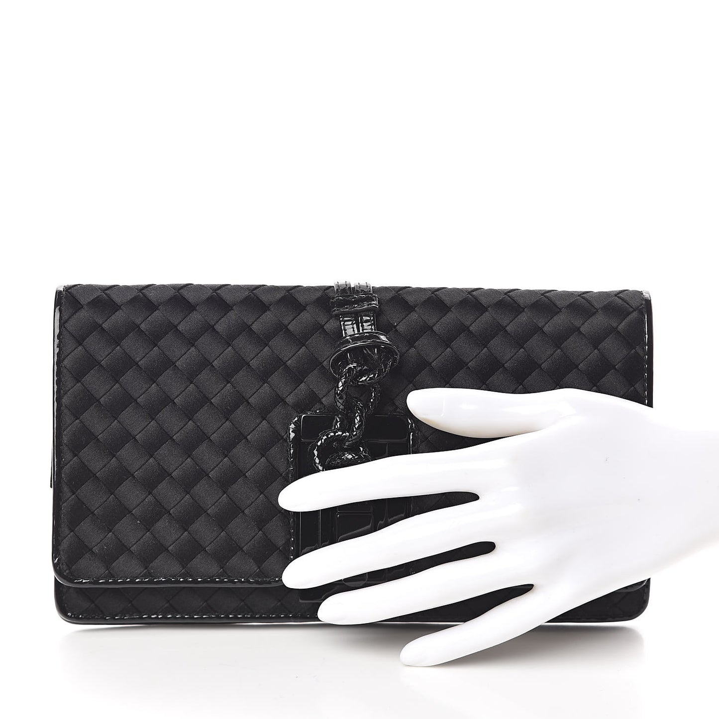 Satin Patent Intrecciato Flap Clutch Black