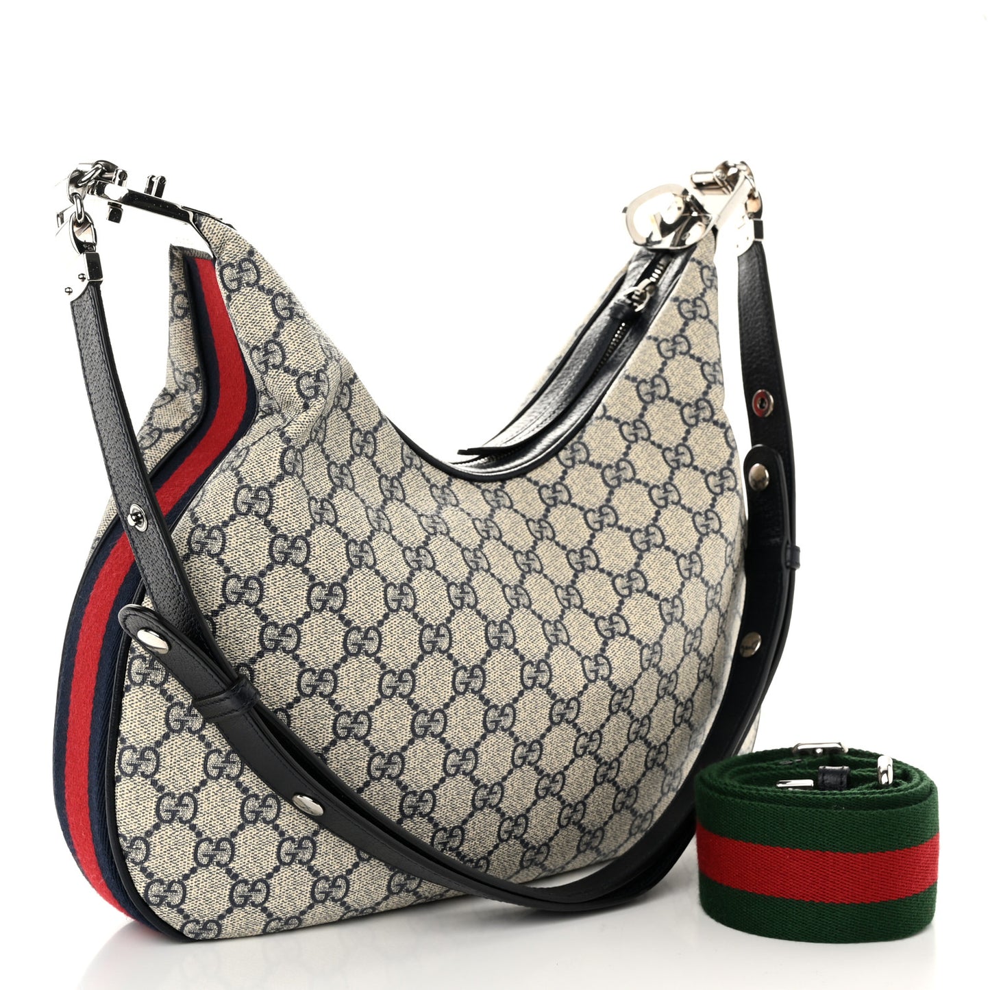 GG Supreme Monogram Textured Calfskin Web Large Attache Shoulder Bag Beige Blue