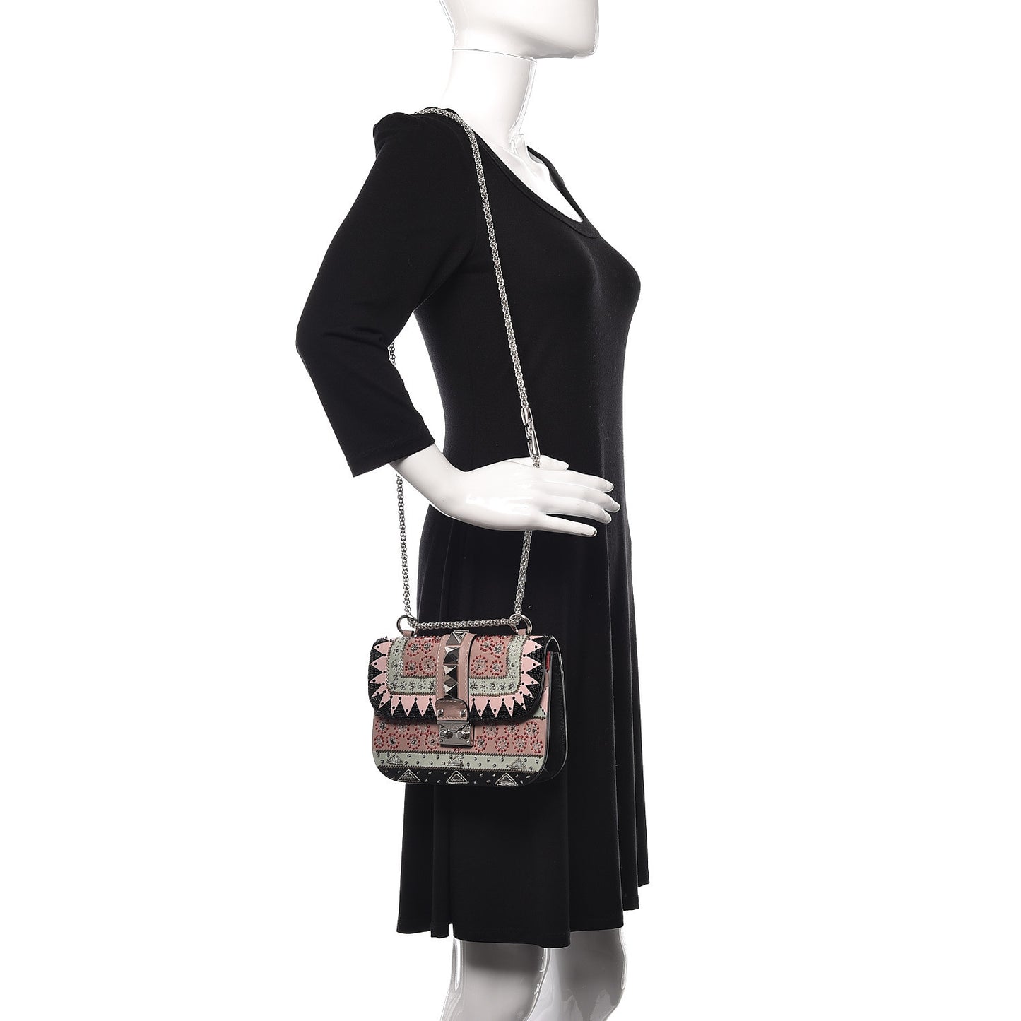 Vitello Embroidered Small Glam Lock Rockstud Flap Pink Black