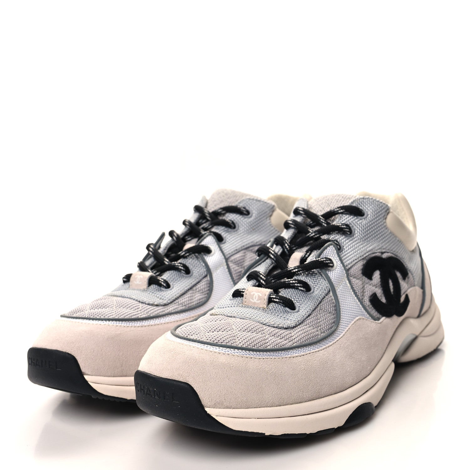 Chanel Mesh Suede Calfskin Grained Calfskin Mens CC Sneakers 45 Gray White 3 of 8