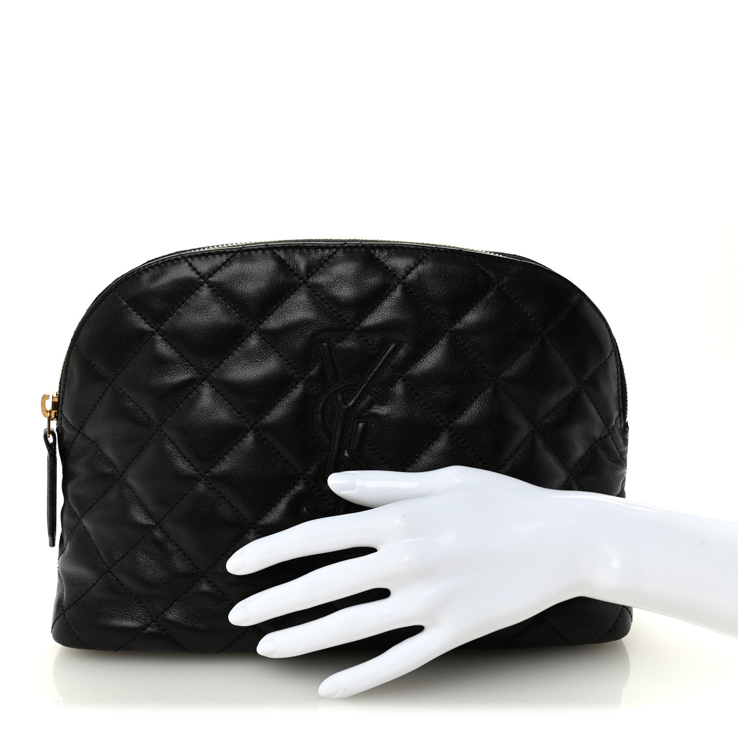 Saint Laurent Calfskin Quilted Embroidered Cassandre Large Cosmetic Pouch Black 2 of 10