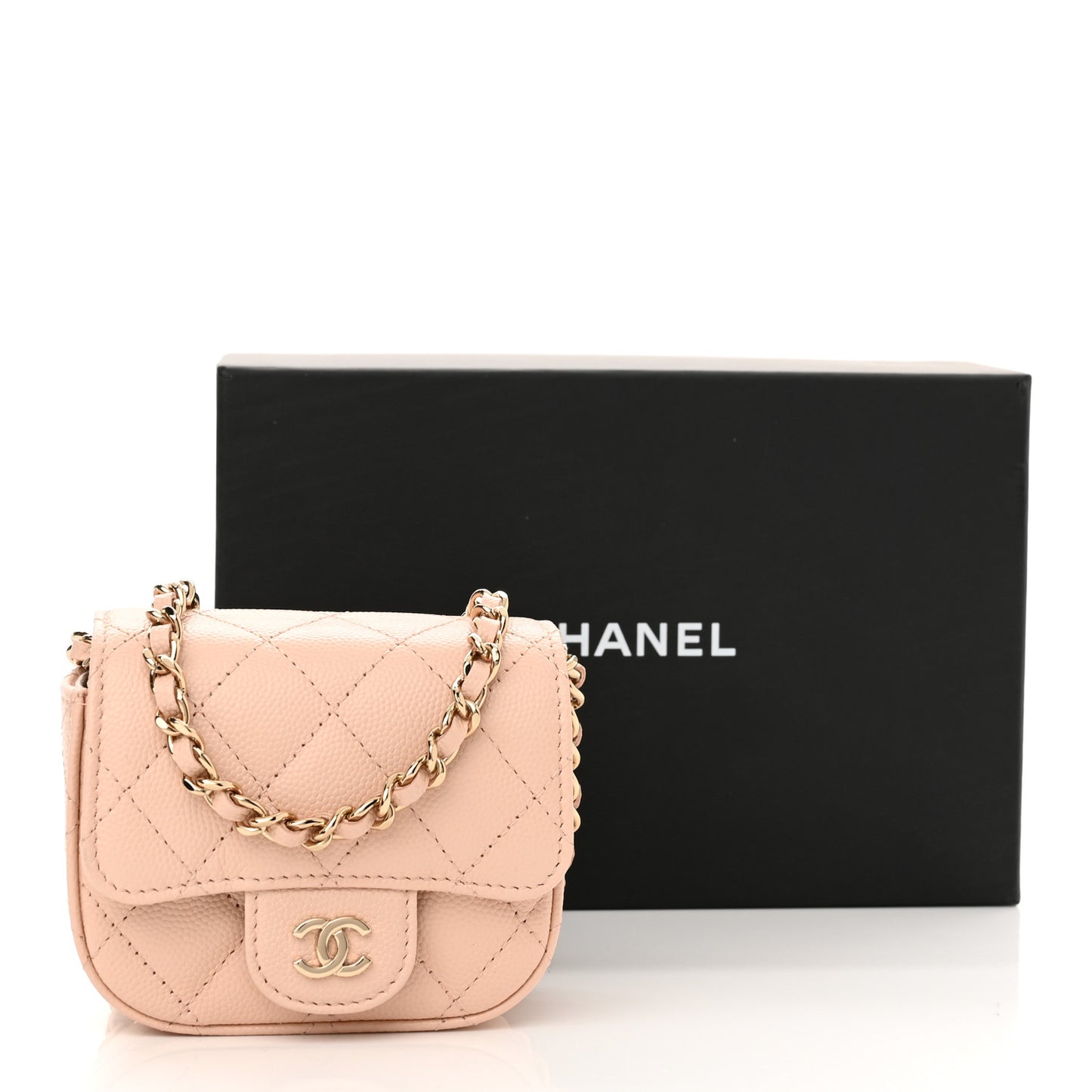 Caviar Quilted Mini Clutch With Chain Light Beige