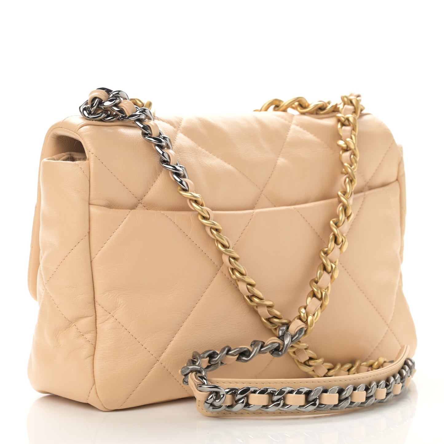 Shiny Goatskin Quilted Large Chanel 19 Flap Beige