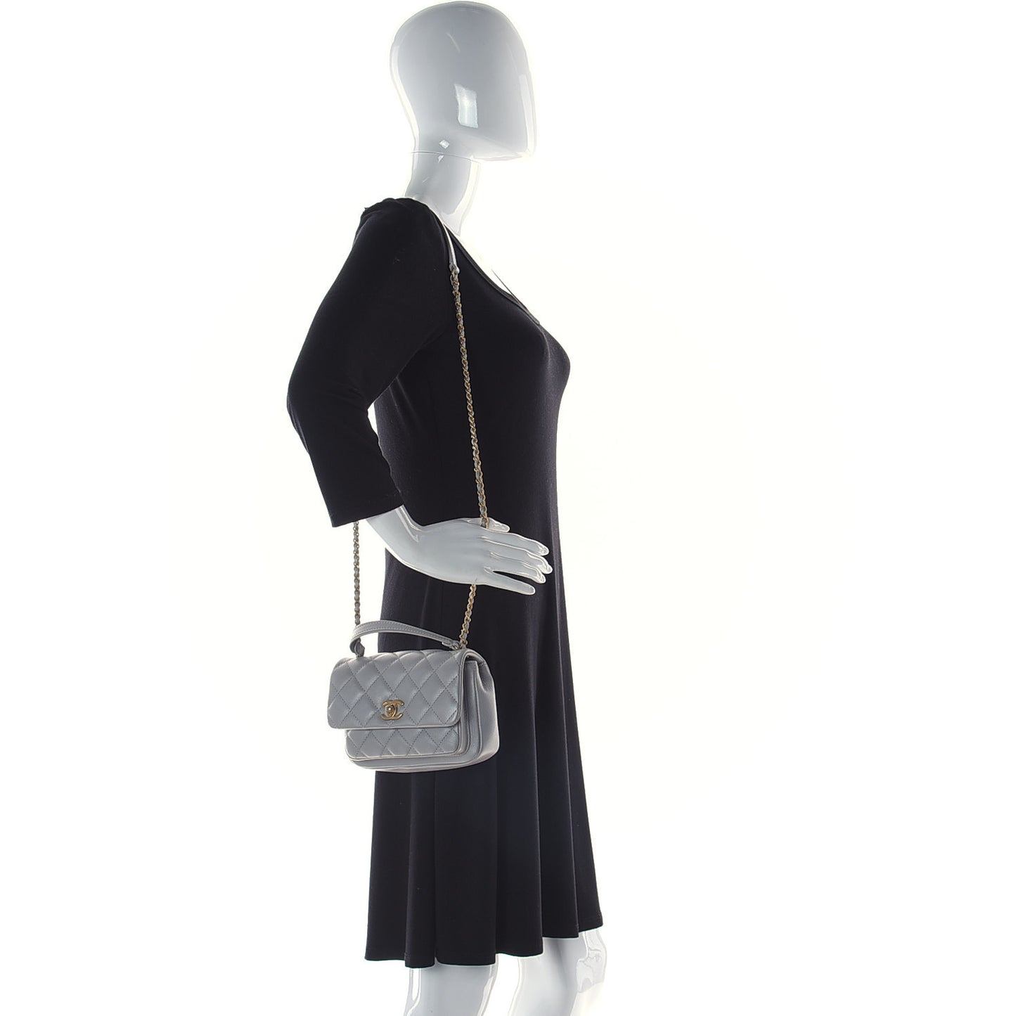 Calfskin Quilted Top Handle Flap Light Grey