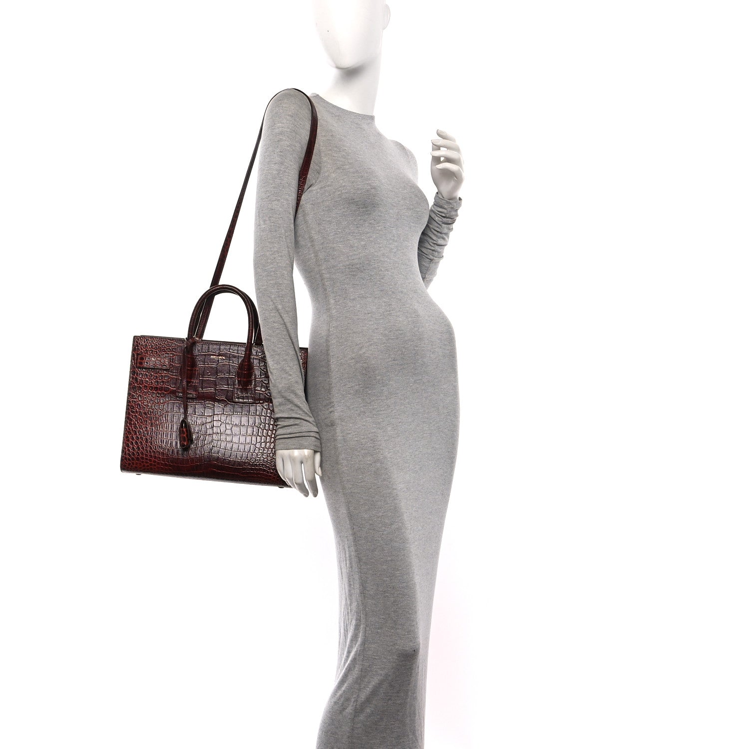 Saint Laurent Calfskin Crocodile Embossed Small Sac De Jour Dark Blood 2 of 10