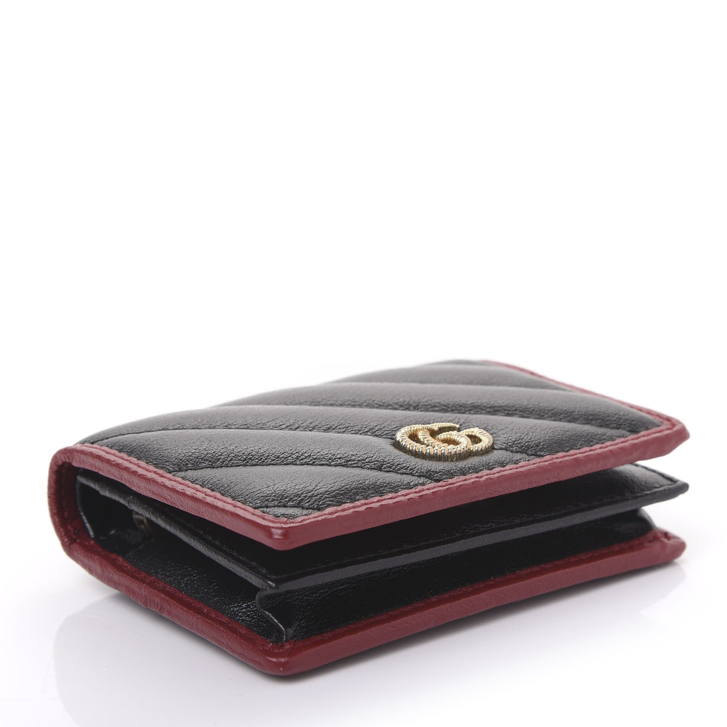 Gucci Vintage Effect Calfskin Matelasse Diagonal Torchon GG Marmont Card Case Wallet Black Romantic Cherry 4 of 10