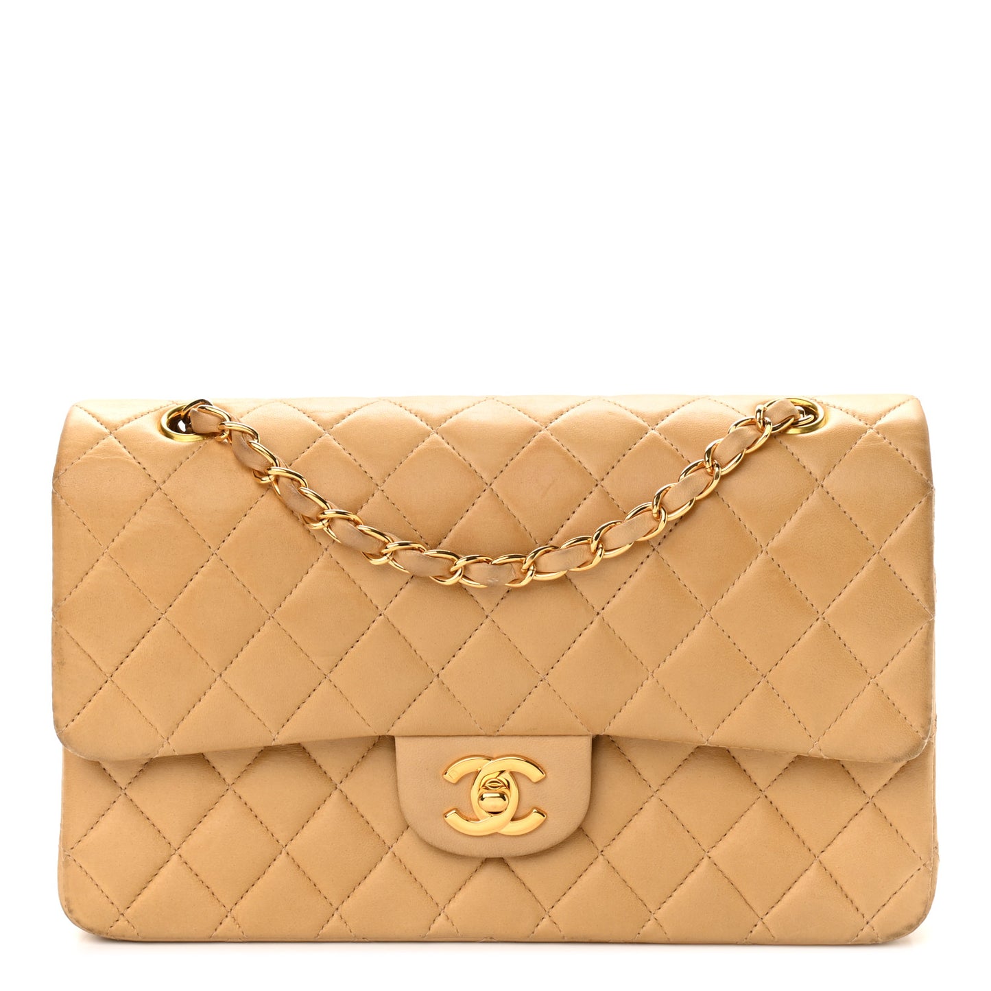 Lambskin Quilted Medium Double Flap Beige