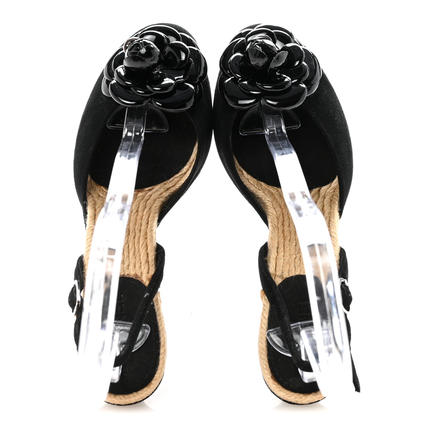 Chanel Velvet Patent Camellia Espadrilles Wedge Sandals 38 Black 2 of 8