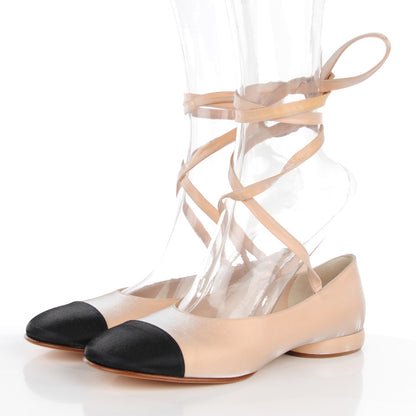 Chanel Satin Cap Toe Ballerina Ankle Wrap Flats 38 Beige Black 3 of 8