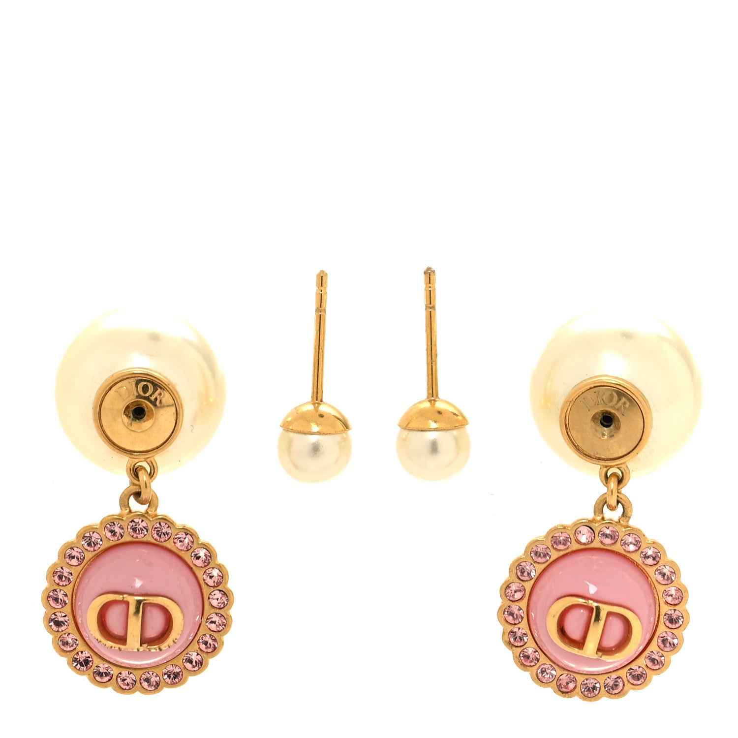Christian Dior Resin Pearl Glass Logo Tribales Earrings Gold Pink 3 of 4