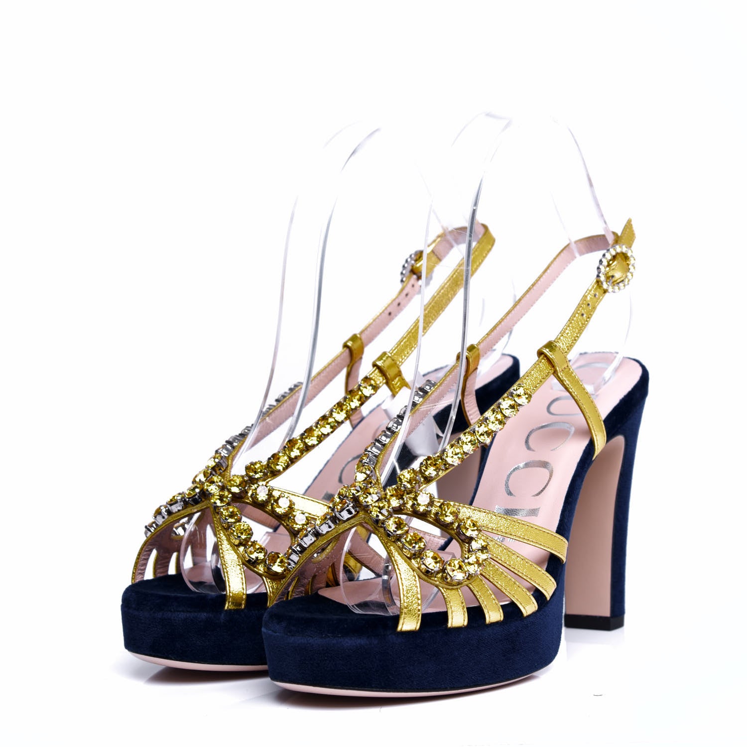 Gucci Velvet Nappa Crystal Zephyra Slingback Platform High Heel Sandals 36.5 Blue Gold 3 of 10