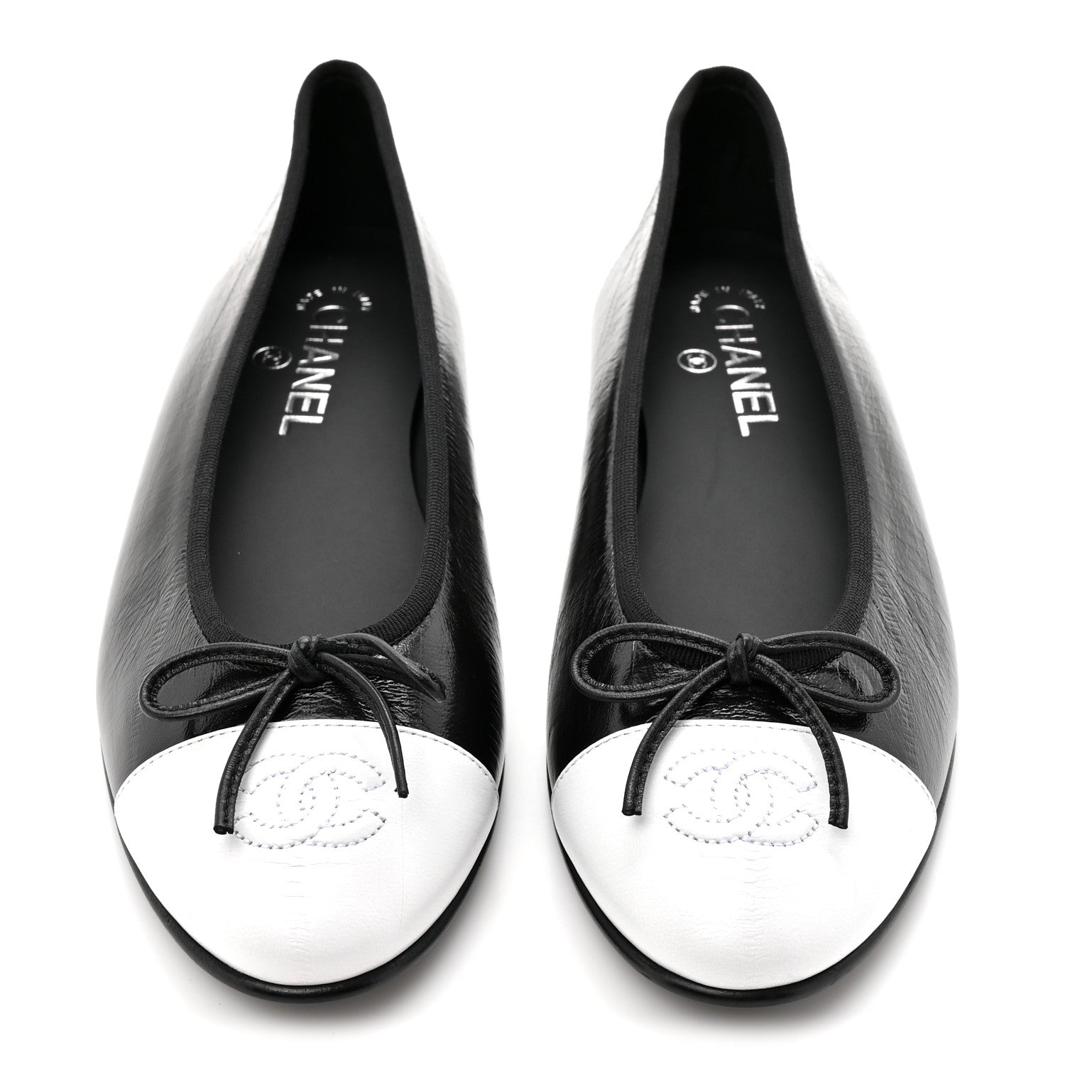 Chanel Crumpled Shiny Lambskin CC Cap Toe Ballerina Flats 40 Black White 3 of 11