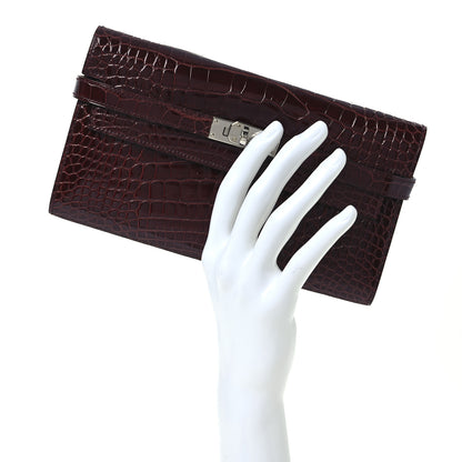 Hermes Shiny Alligator Kelly Longue Wallet Bourgogne 2 of 10