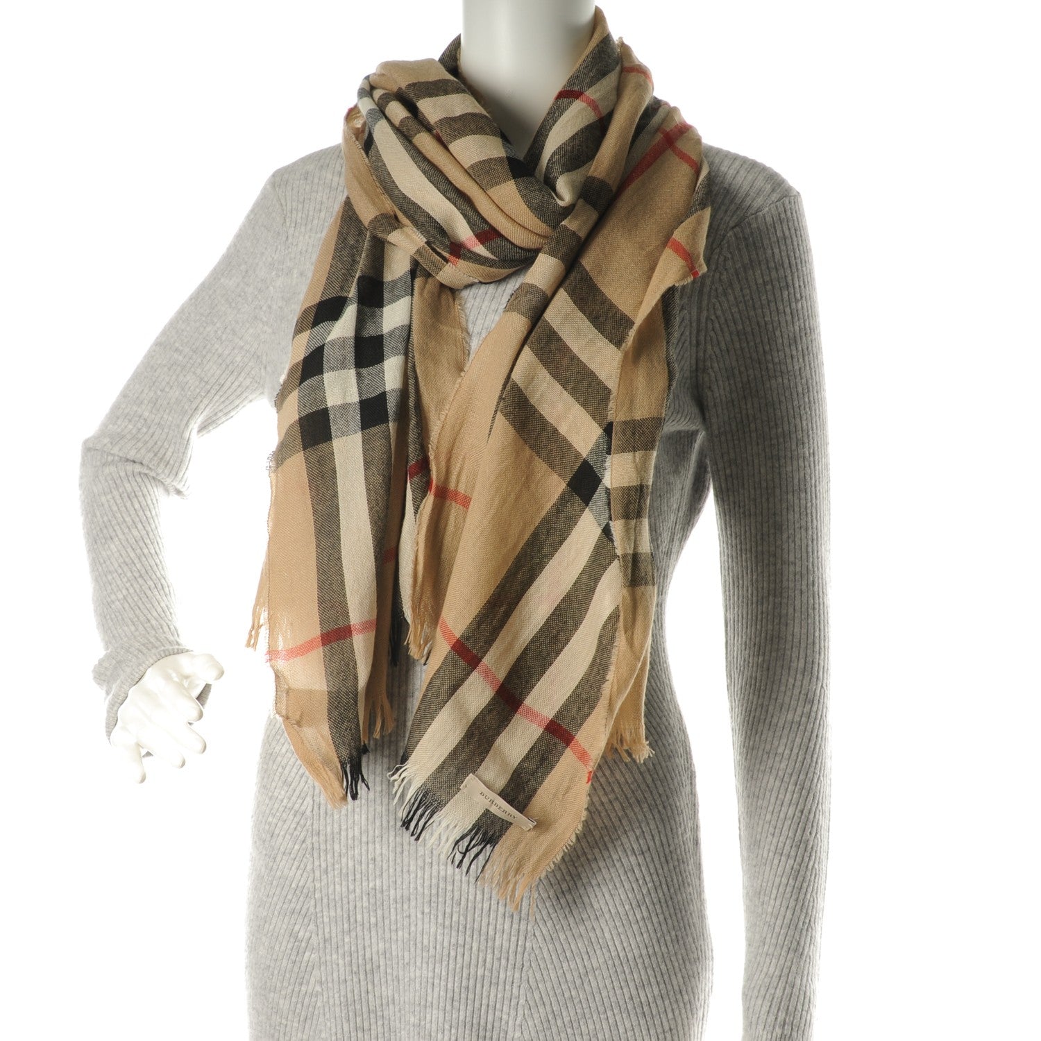 Burberry Merino Wool Cashmere Giant Check Crinkle Scarf Camel 2 of 10