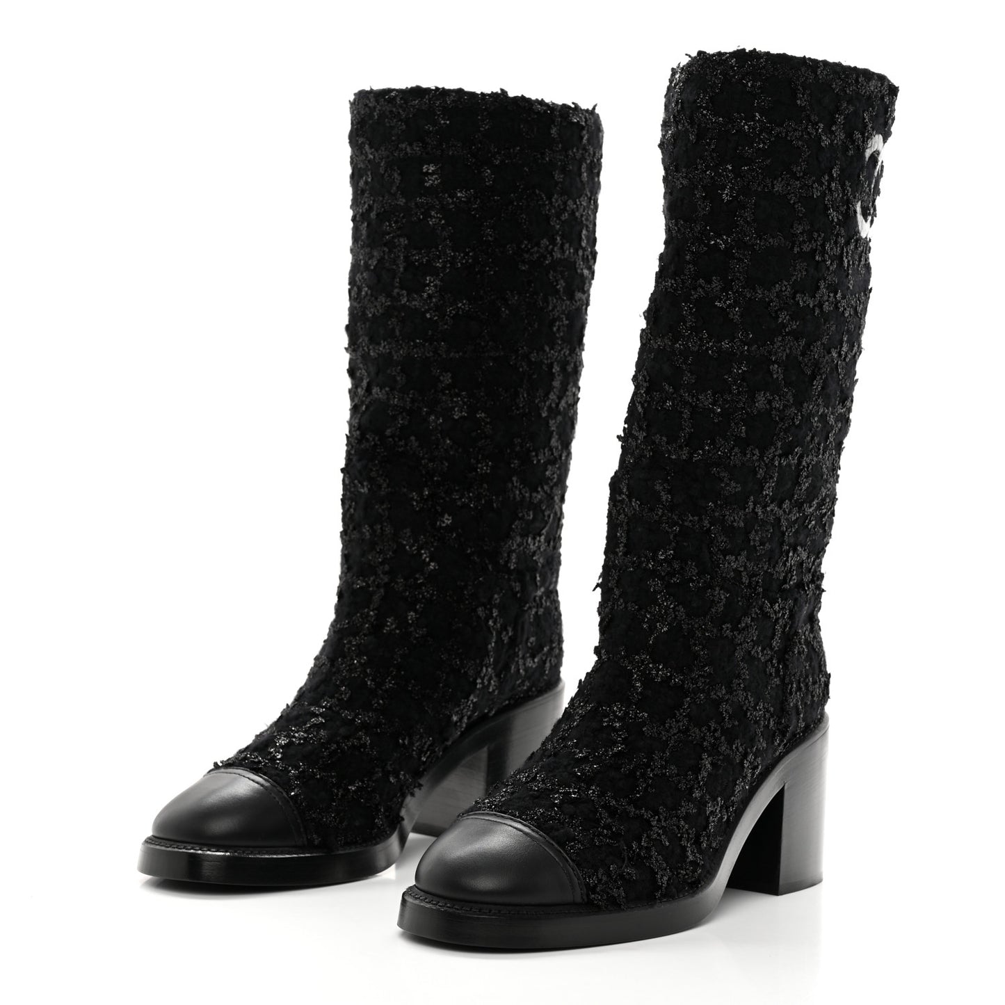 Iridescent Wool Silk Tweed Calfskin CC Cap Toe High Boots 40 Black
