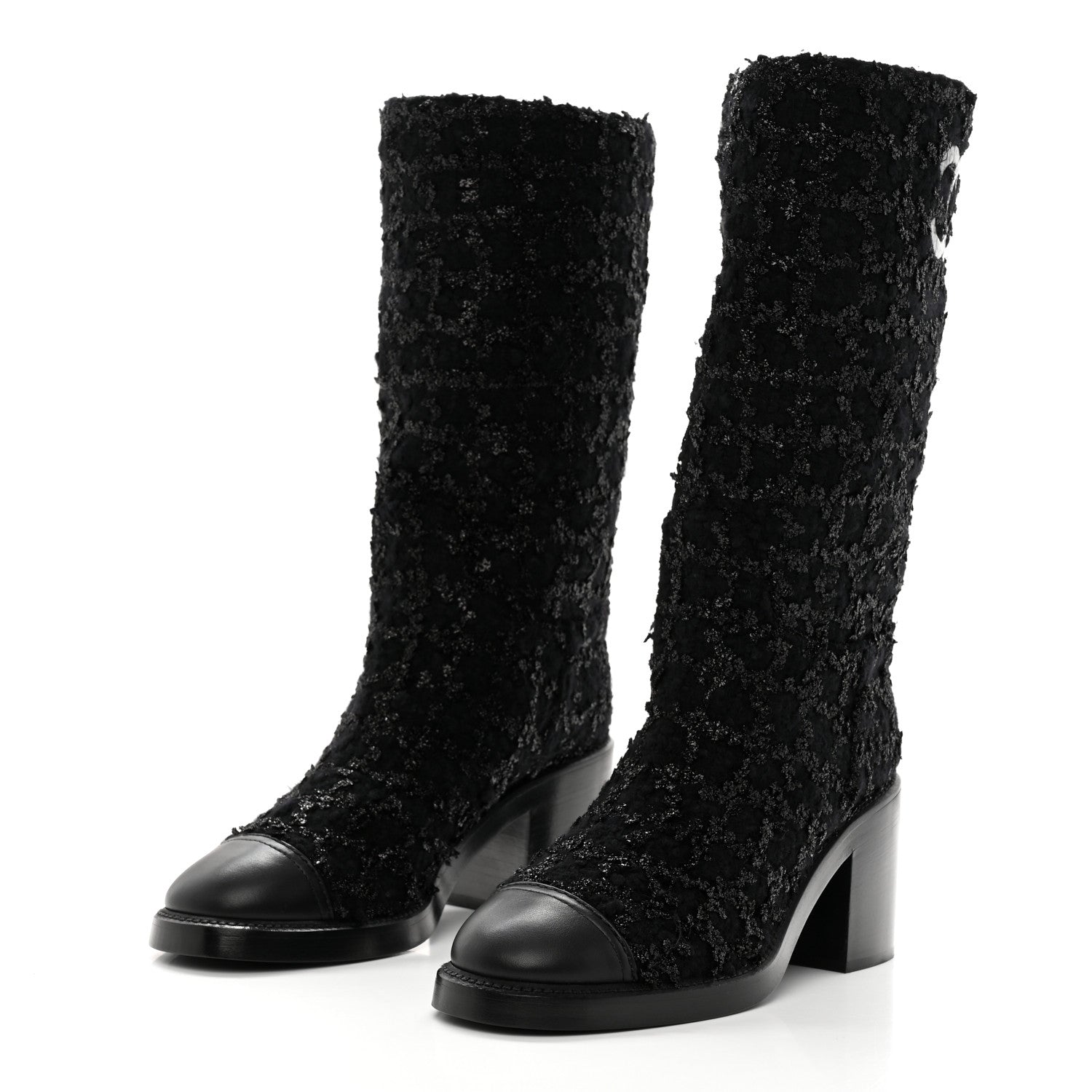 Chanel Iridescent Wool Silk Tweed Calfskin CC Cap Toe High Boots 40 Black 3 of 9