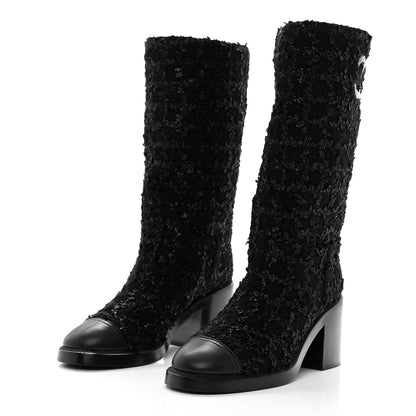 Chanel Iridescent Wool Silk Tweed Calfskin CC Cap Toe High Boots 40 Black 3 of 9