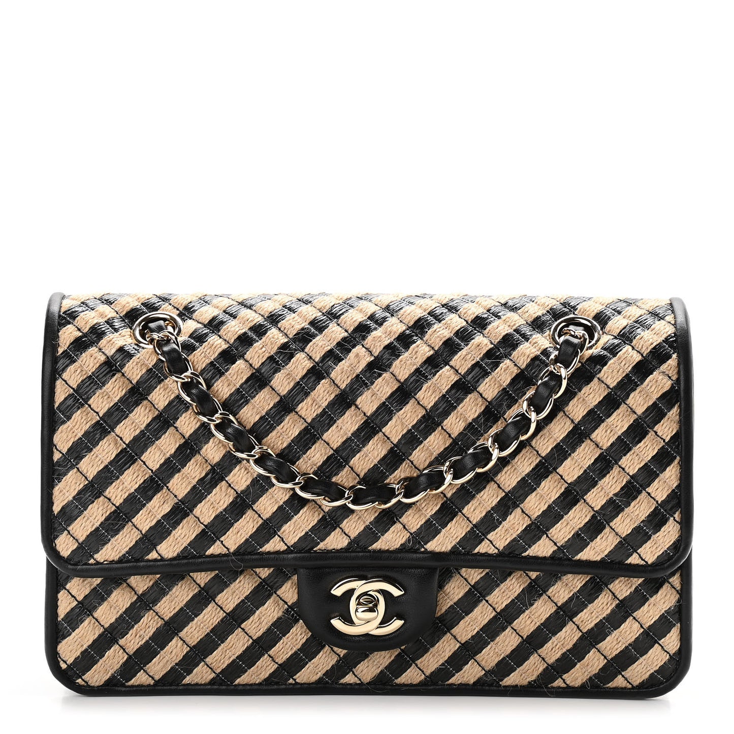 Raffia Jute Striped Medium Single Flap Black Beige