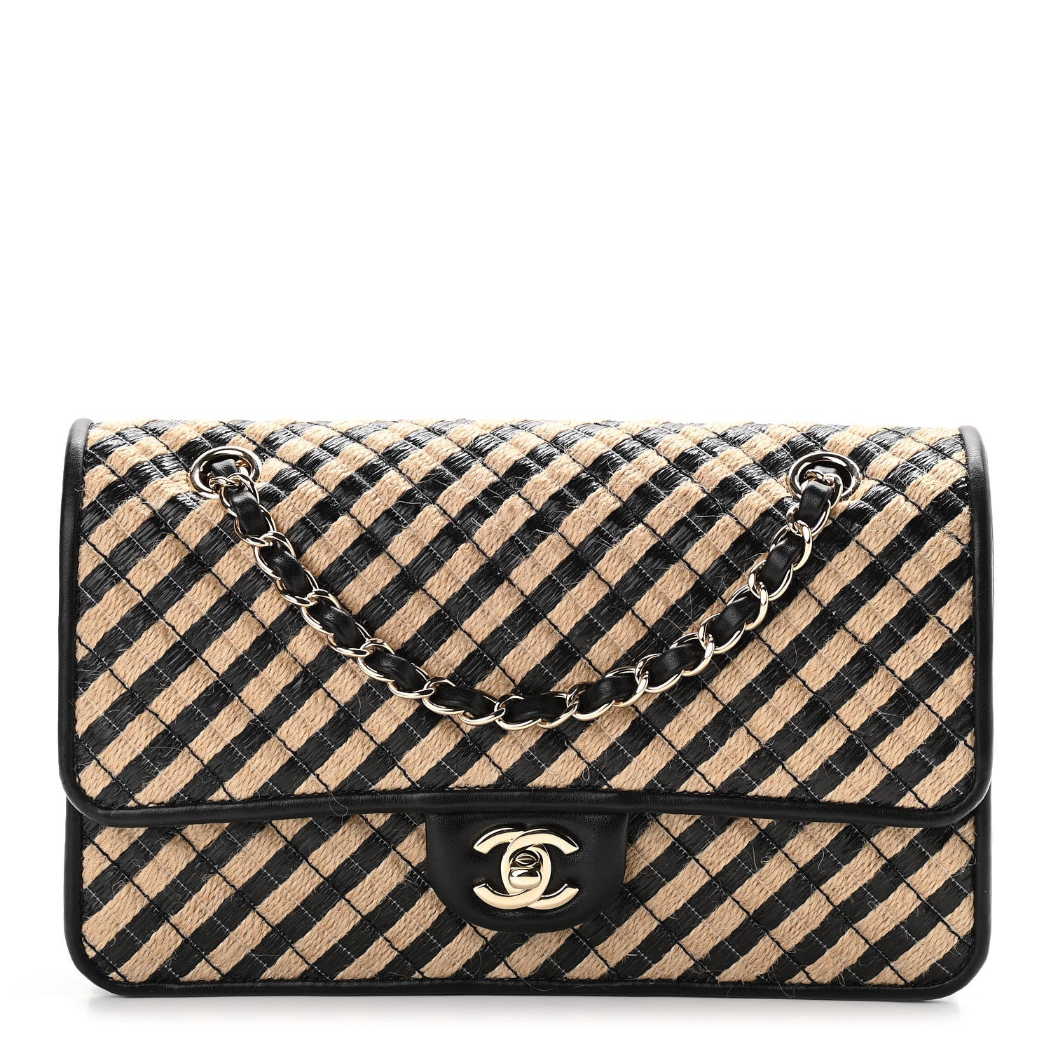 Chanel Raffia Jute Striped Medium Single Flap Black Beige 1 of 12