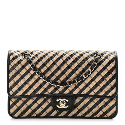 Chanel Raffia Jute Striped Medium Single Flap Black Beige 1 of 12
