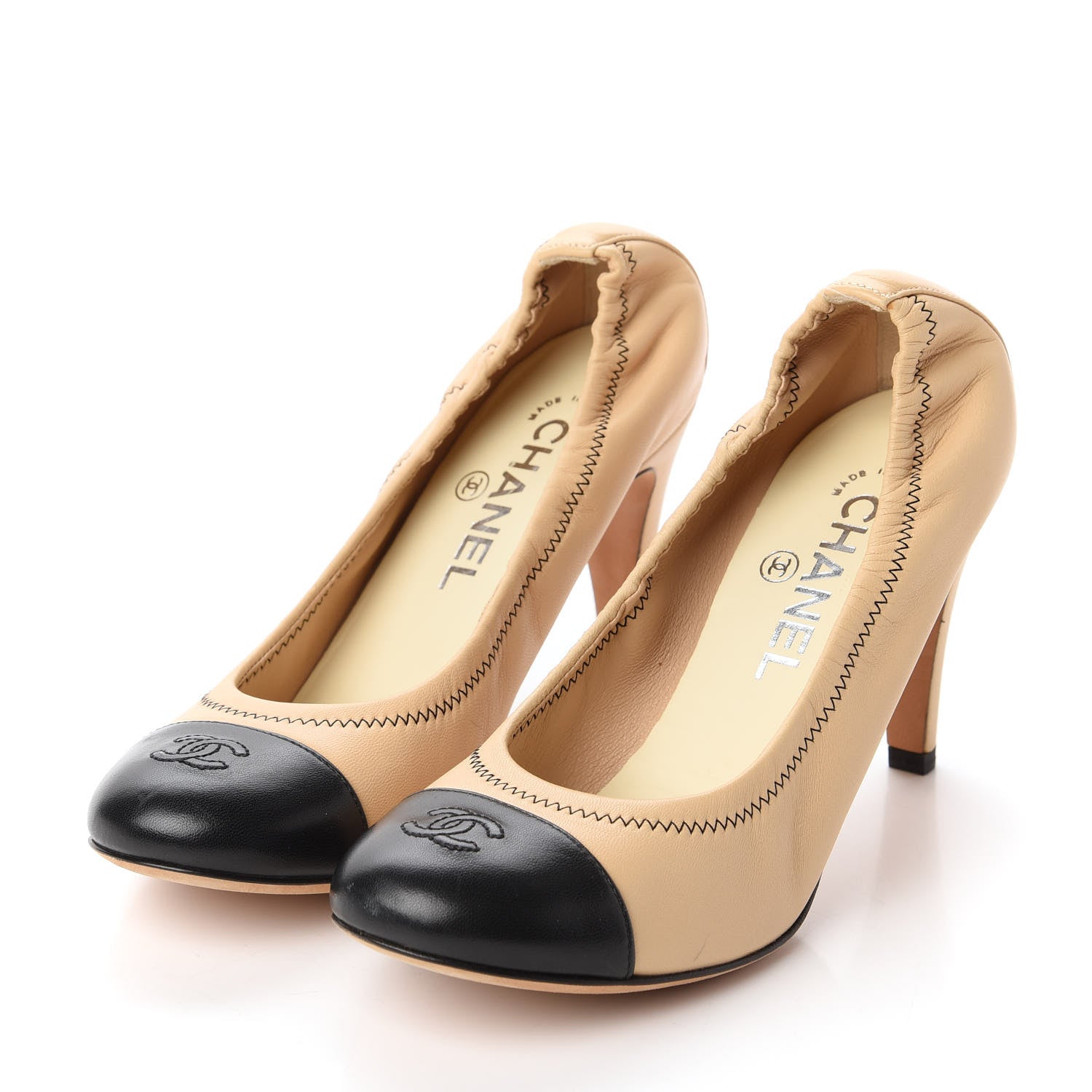 Chanel Lambskin Elastic Cap Toe Pumps 38 Beige Black 3 of 9