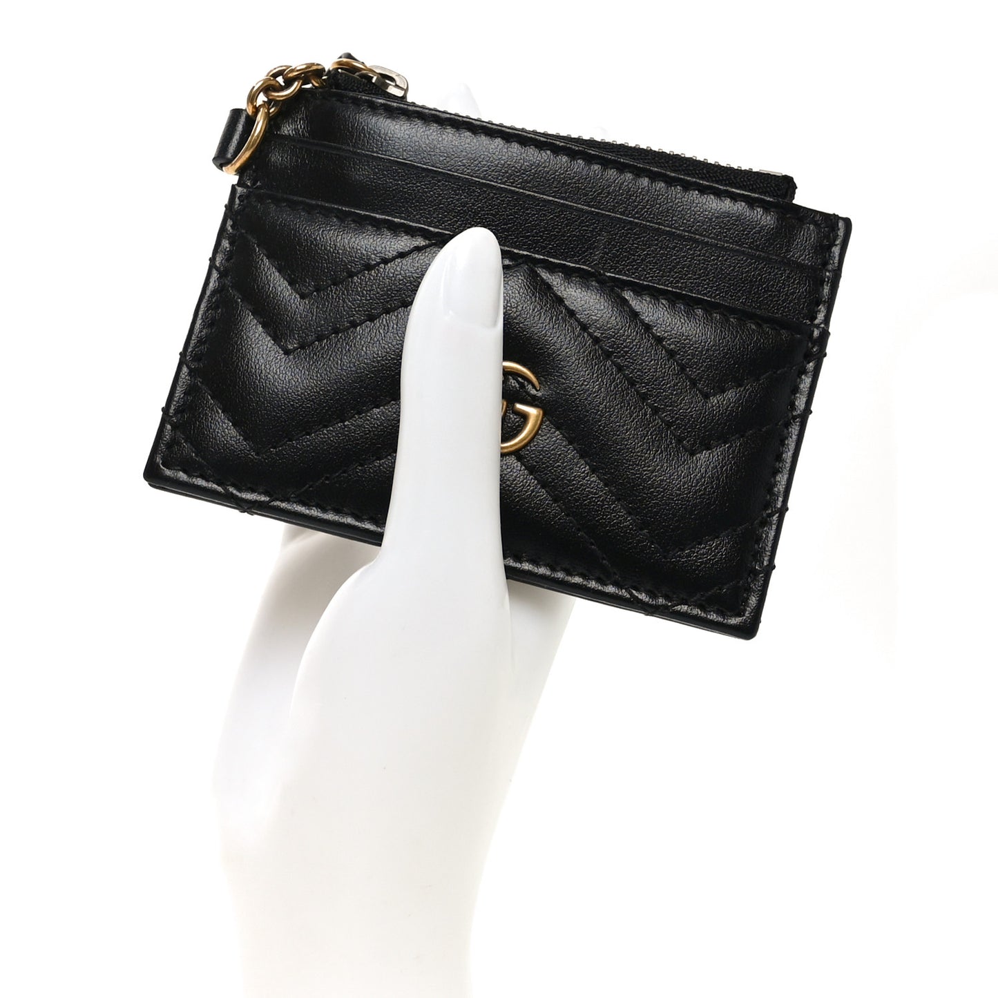 Calfskin Matelasse Chevron GG Marmont Key Case Card Holder Black