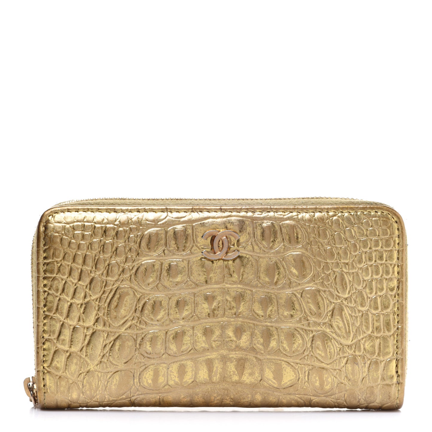 Metallic Calfskin Crocodile Embossed Small Zip Wallet Gold