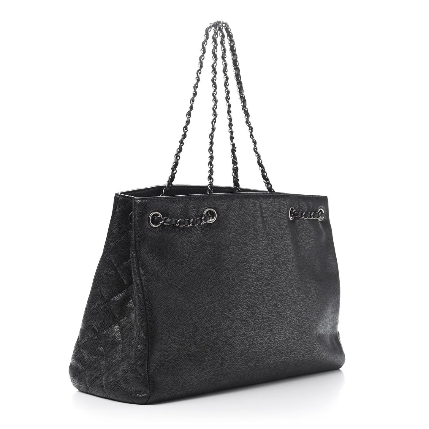 Metallic Grained Calfskin Woven Chain Large Shopping Bag Black