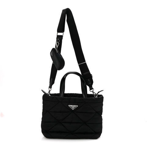 Re-Nylon Nappa Triangle Quilted Padded Double Handled Zip Pocket Tote Black