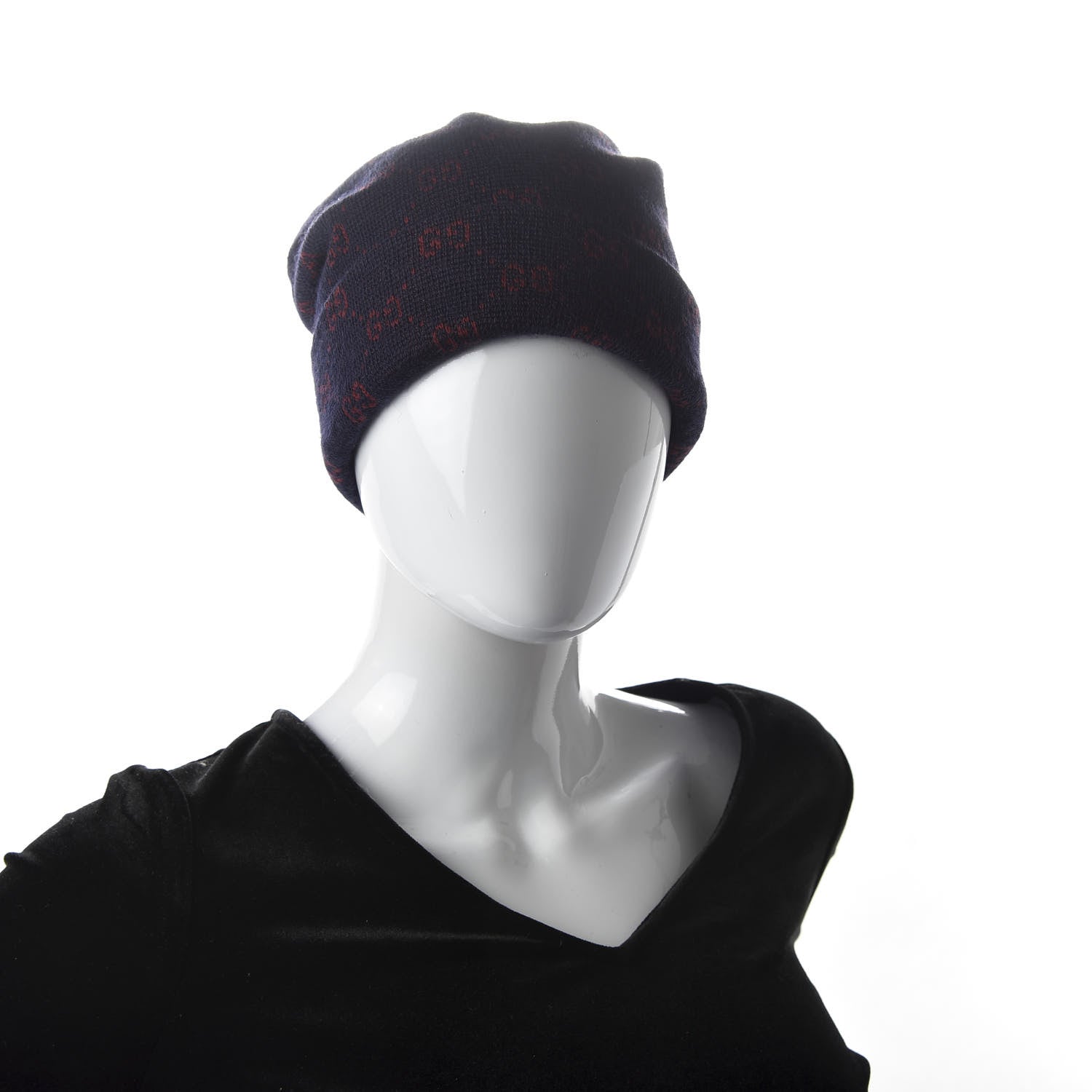 Gucci Wool GG Monogram Beanie Hat M Navy Red 2 of 4