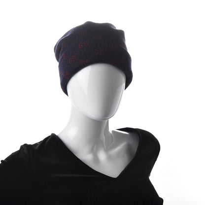 Gucci Wool GG Monogram Beanie Hat M Navy Red 2 of 4
