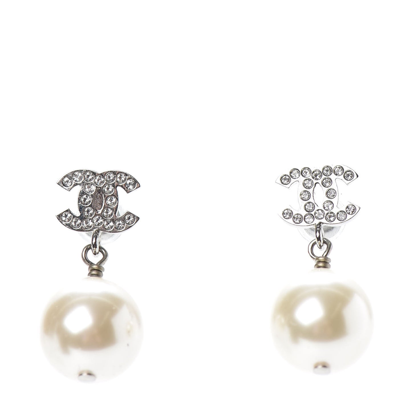 Crystal Pearl CC Drop Earrings Silver