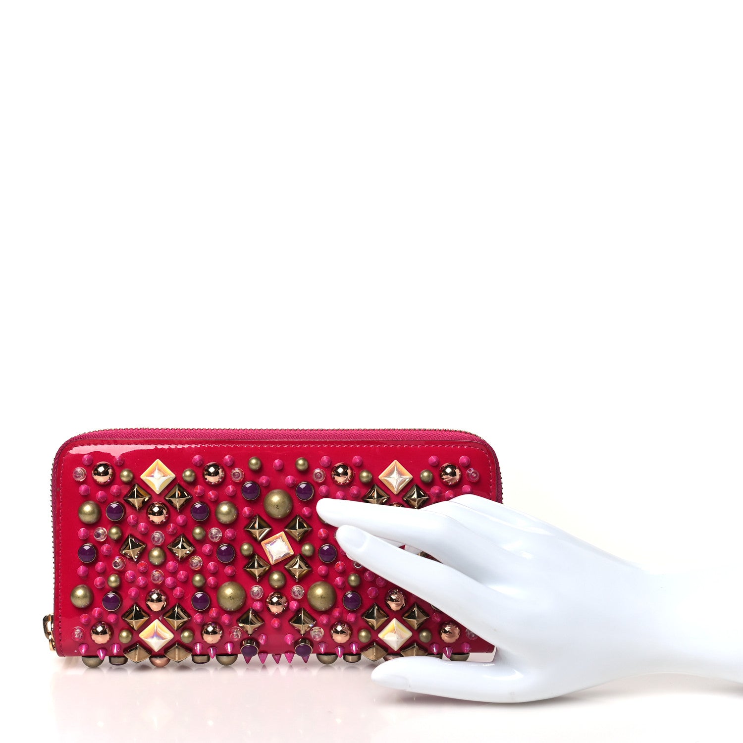 Christian Louboutin Patent Panettone Spiked Zip Around Wallet Ultra Rose 2 of 8