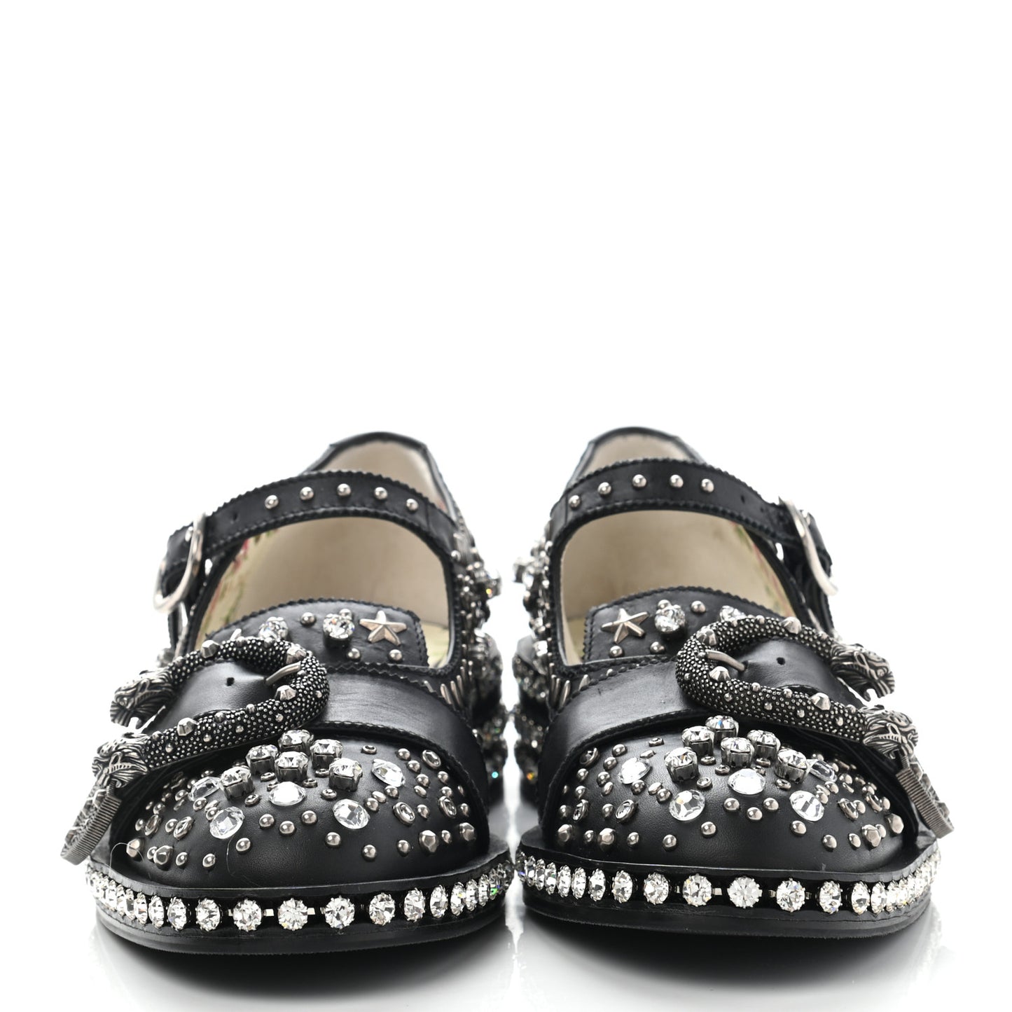 Calfskin Crystal Studded Womens Queercore Brogue Monk Strap Loafers 35.5 Black