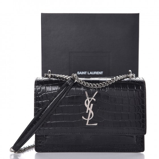 Saint Laurent Calfskin Crocodile Embossed Monogram Sunset Chain Wallet Black 7 of 7