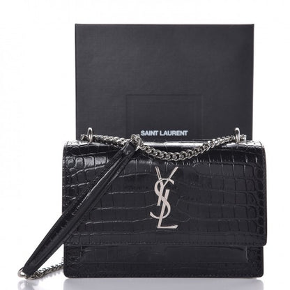 Saint Laurent Calfskin Crocodile Embossed Monogram Sunset Chain Wallet Black 7 of 7