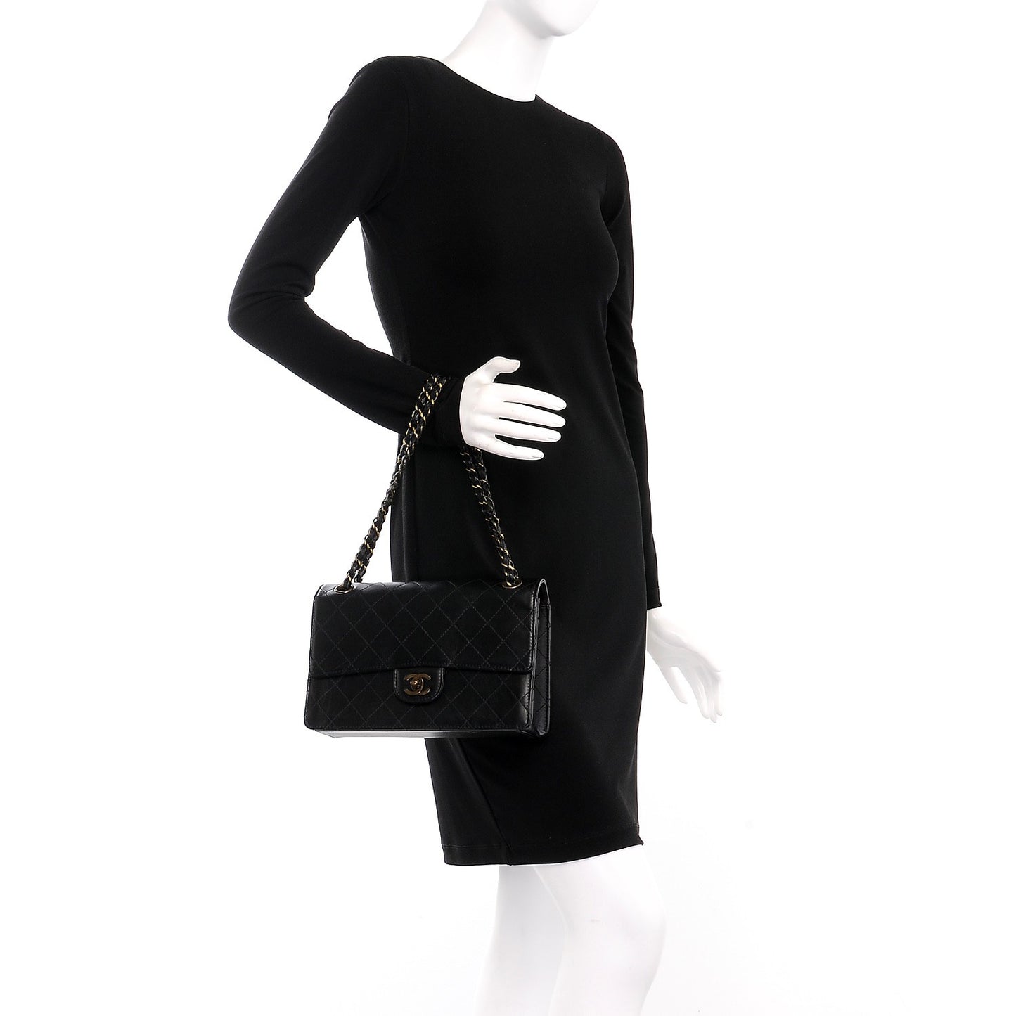Calfskin Stitched Medium Single Flap Black
