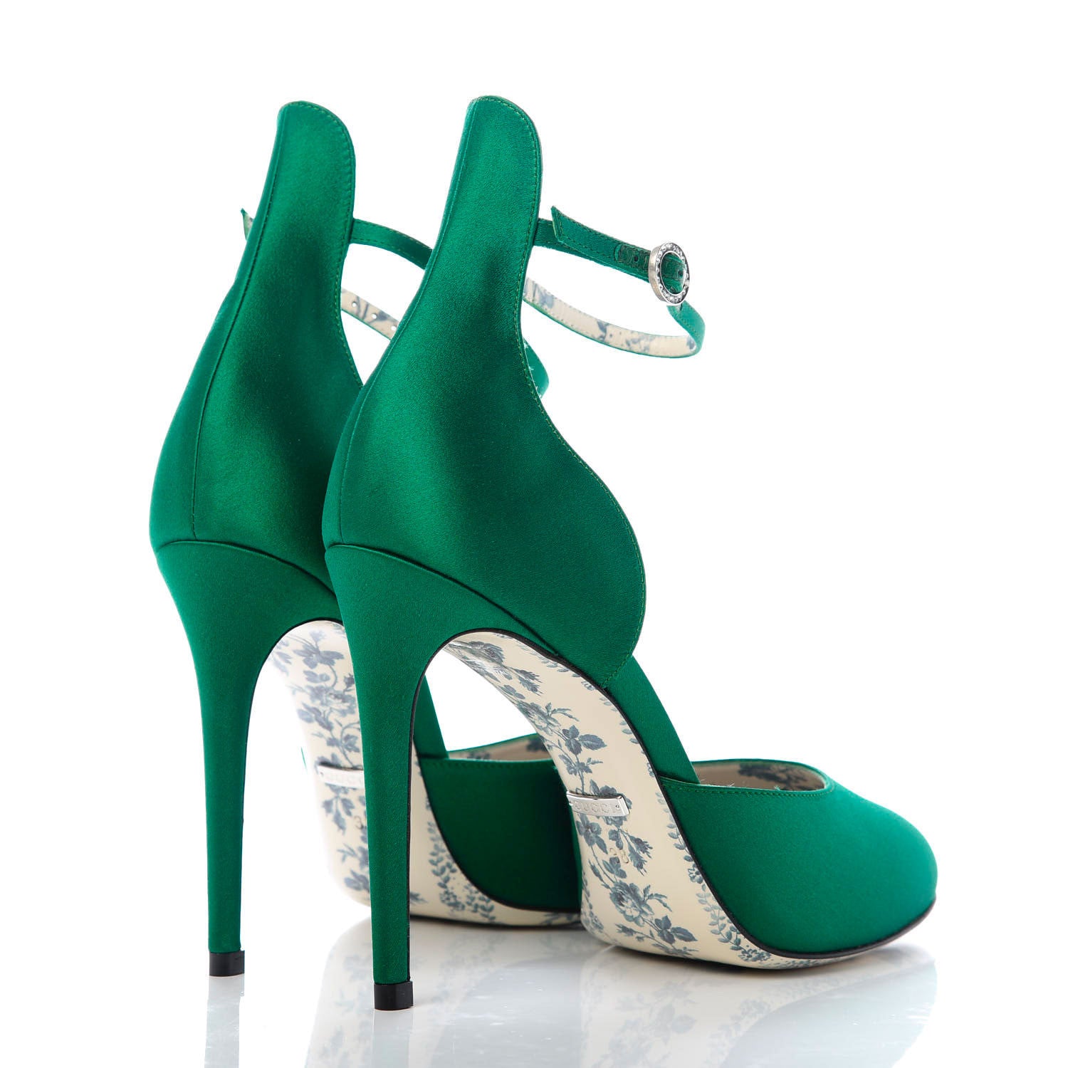 Gucci Satin Daisy Ankle Strap d'Orsay 105 Pumps 38 Emerald Green 4 of 9