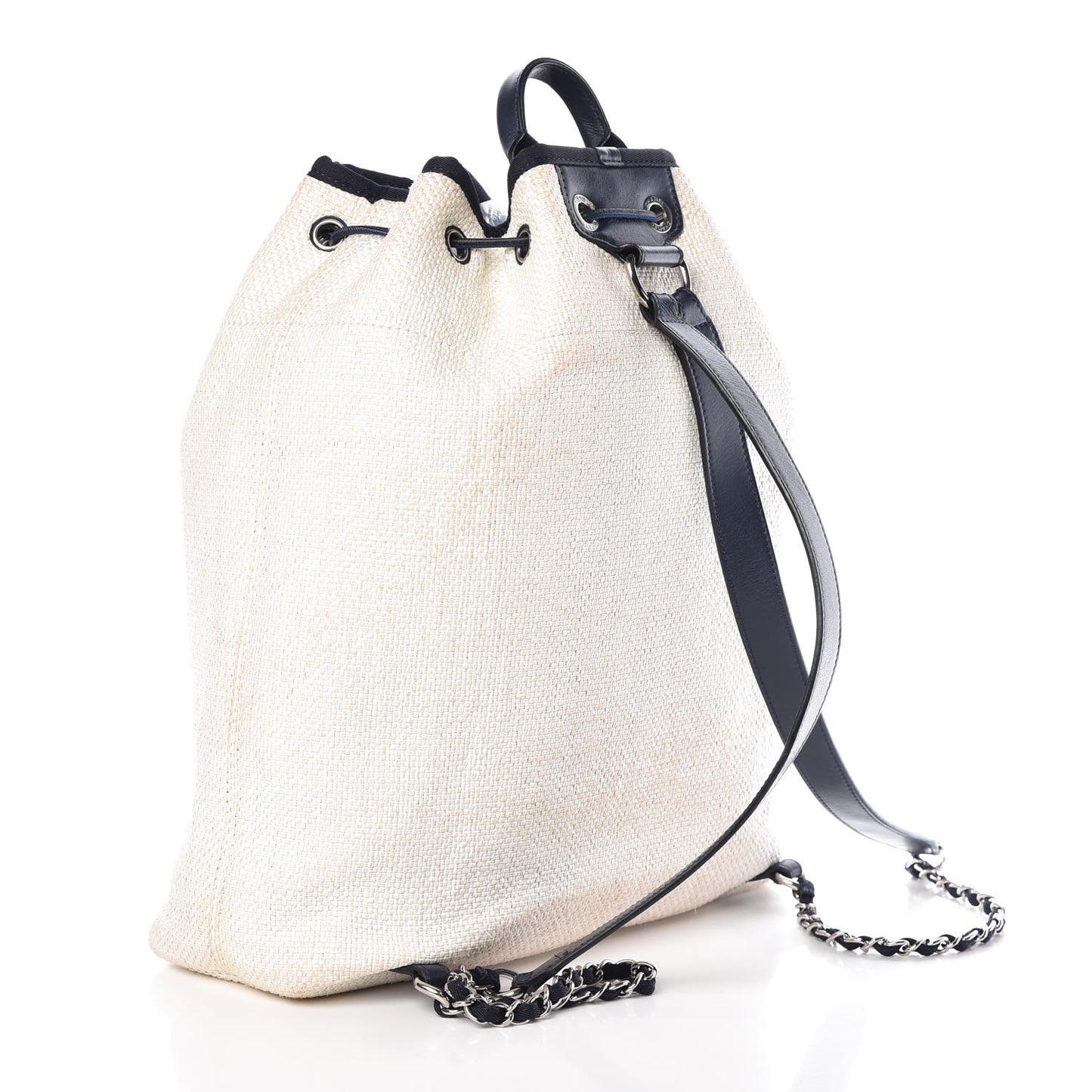 Woven Straw Raffia Large Deauville Backpack White Navy