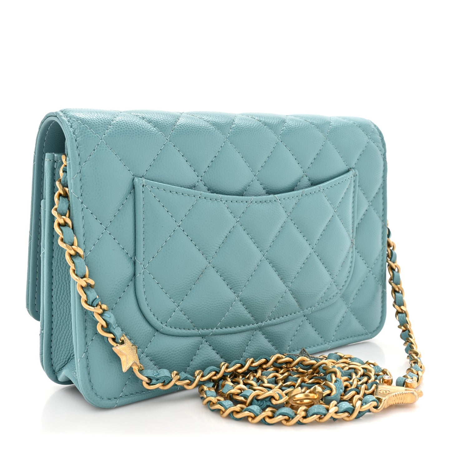 Caviar Quilted Glitter CC Roller Skate Wallet on Chain WOC Light Blue