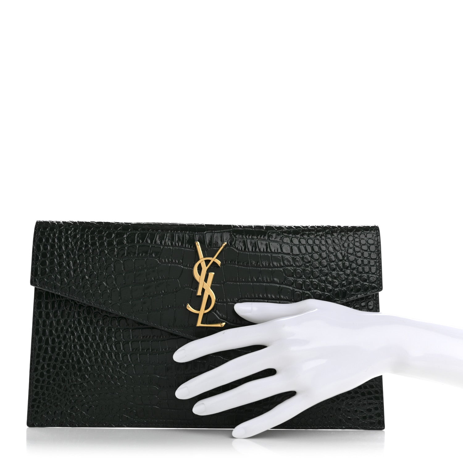 Saint Laurent Calfskin Crocodile Embossed Uptown Monogram Clutch Dark Green 2 of 10