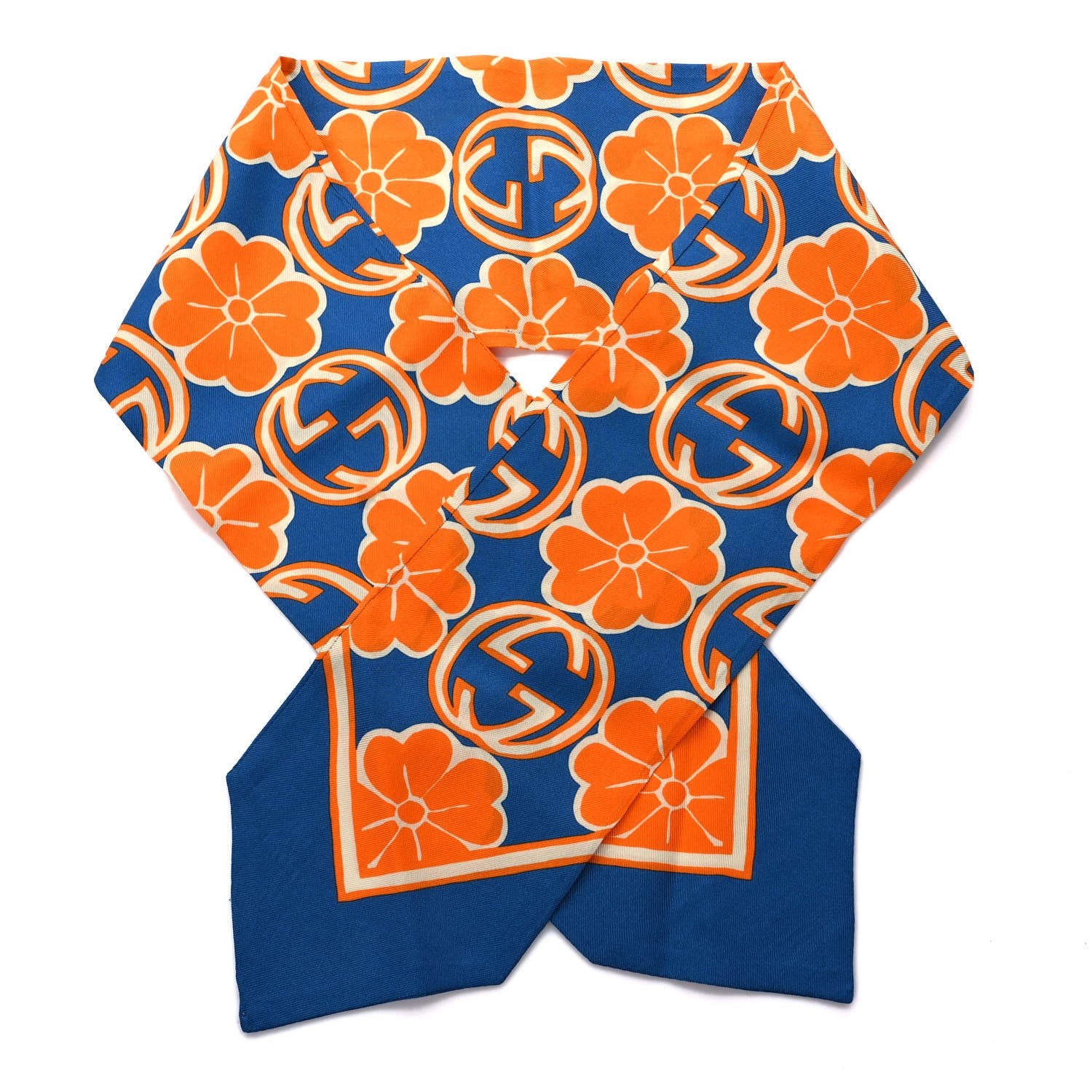 Gucci Silk Twill Foily Neck Bow Scarf Sapphire Orange 1 of 3