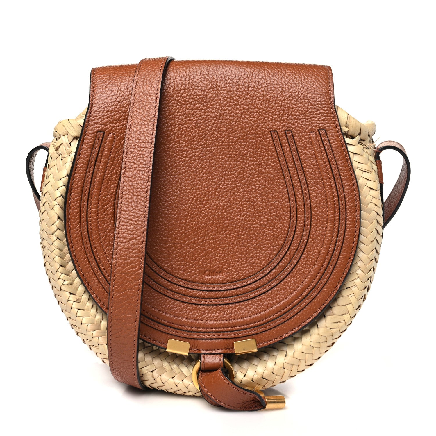 Chloe Raffia Small Grain Calfskin Small Marcie Basket Crossbody Tan 1 of 9
