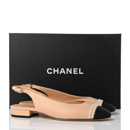 Chanel Lambskin Grosgrain Pearl Cap Toe CC Slingback Flats 37.5 Beige Black 20 of 20