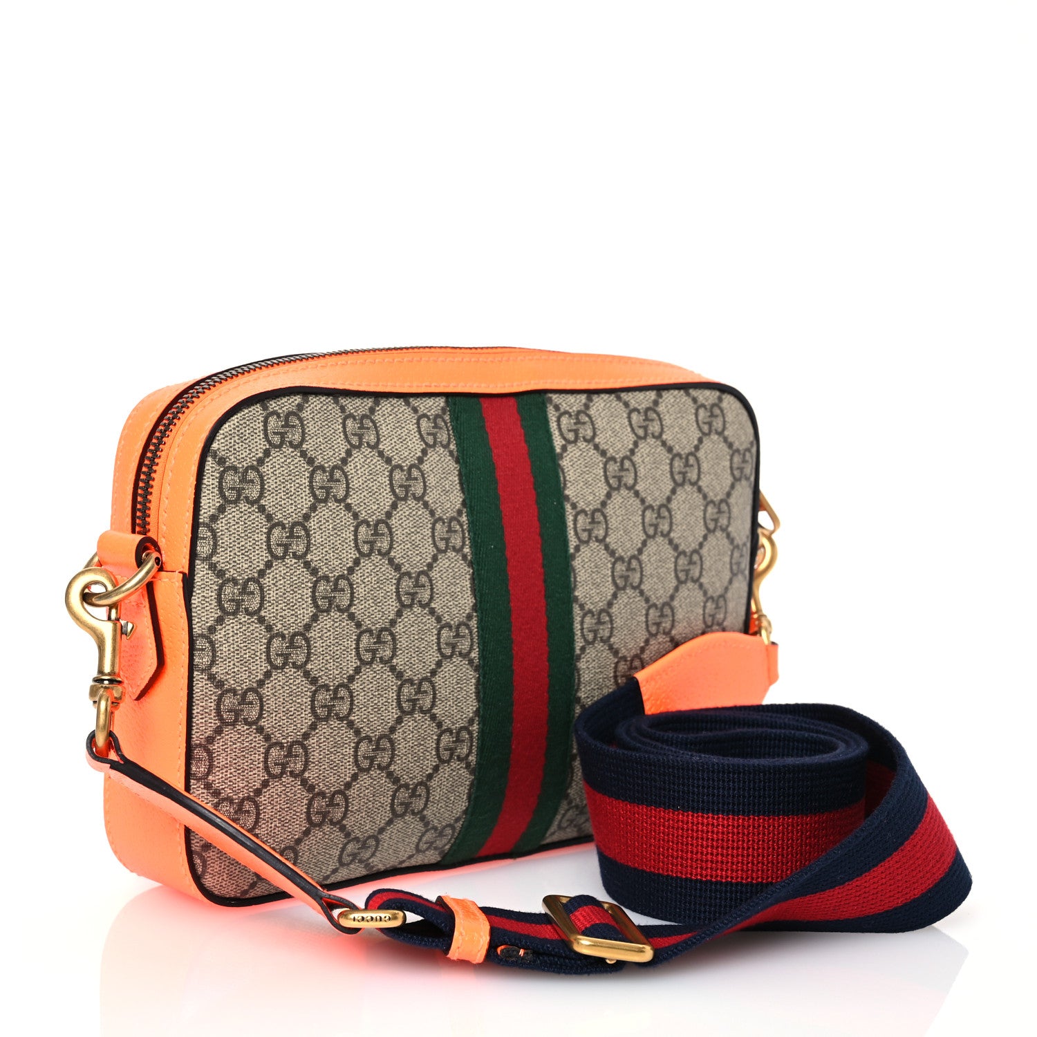 Gucci GG Supreme Monogram Textured Dollar Calfskin Web Ophidia Wristlet Shoulder Bag Beige Ebony Orange 4 of 12