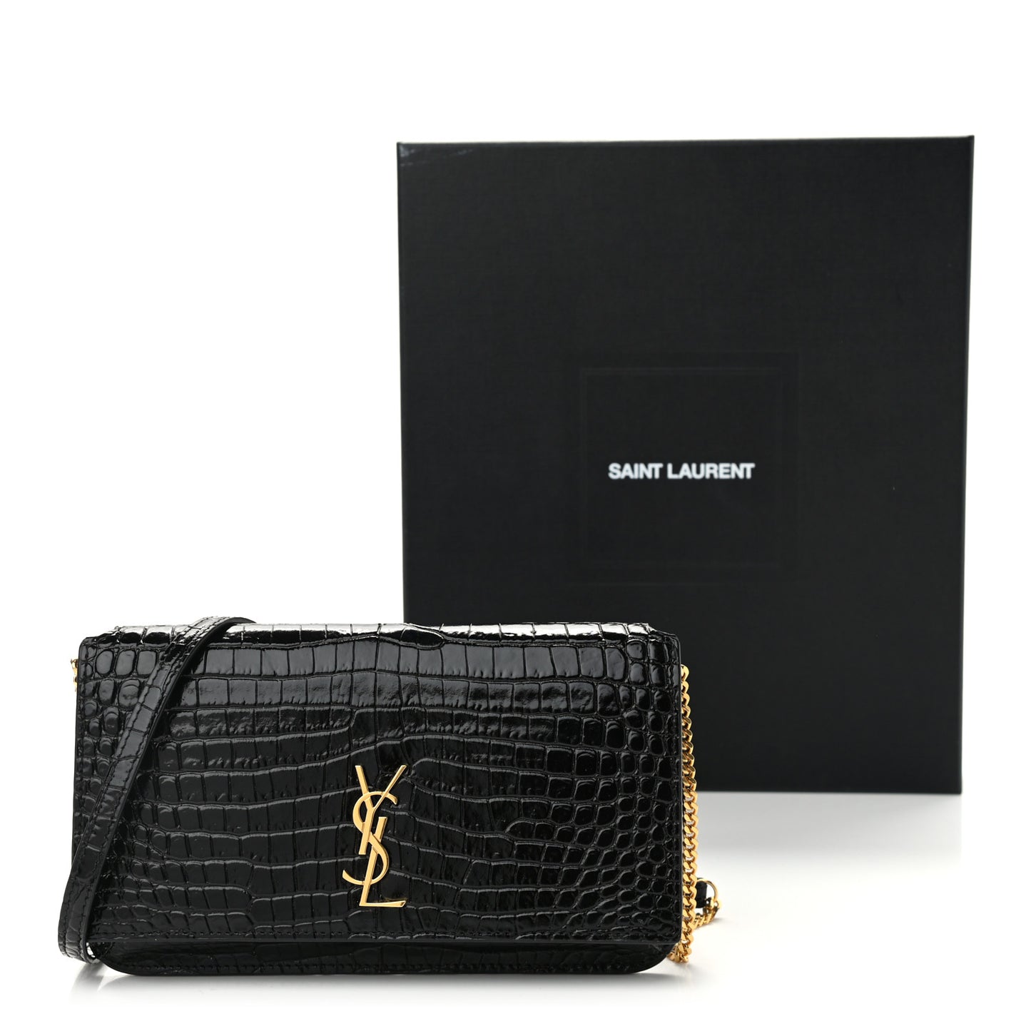 Crocodile Embossed Monogram Phone Holder Crossbody Black
