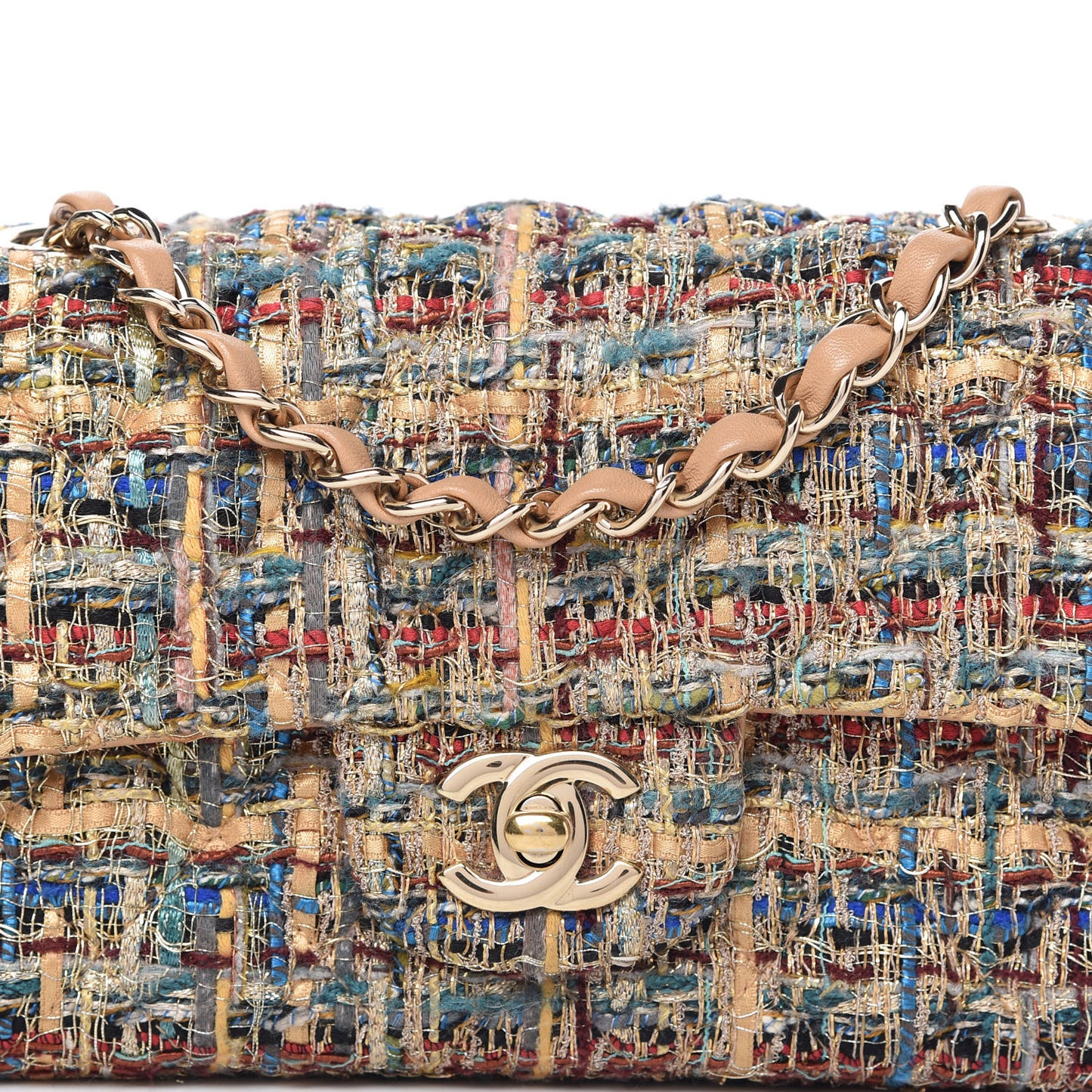 Tweed Quilted Mini Rectangular Flap Gold Blue