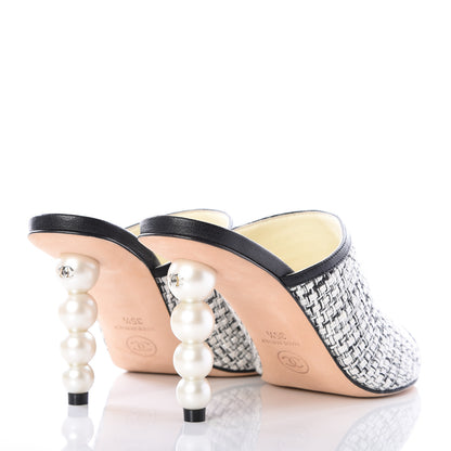 Chanel Tweed Goatskin Pearl Mules 35.5 Grey Beige Black 4 of 11
