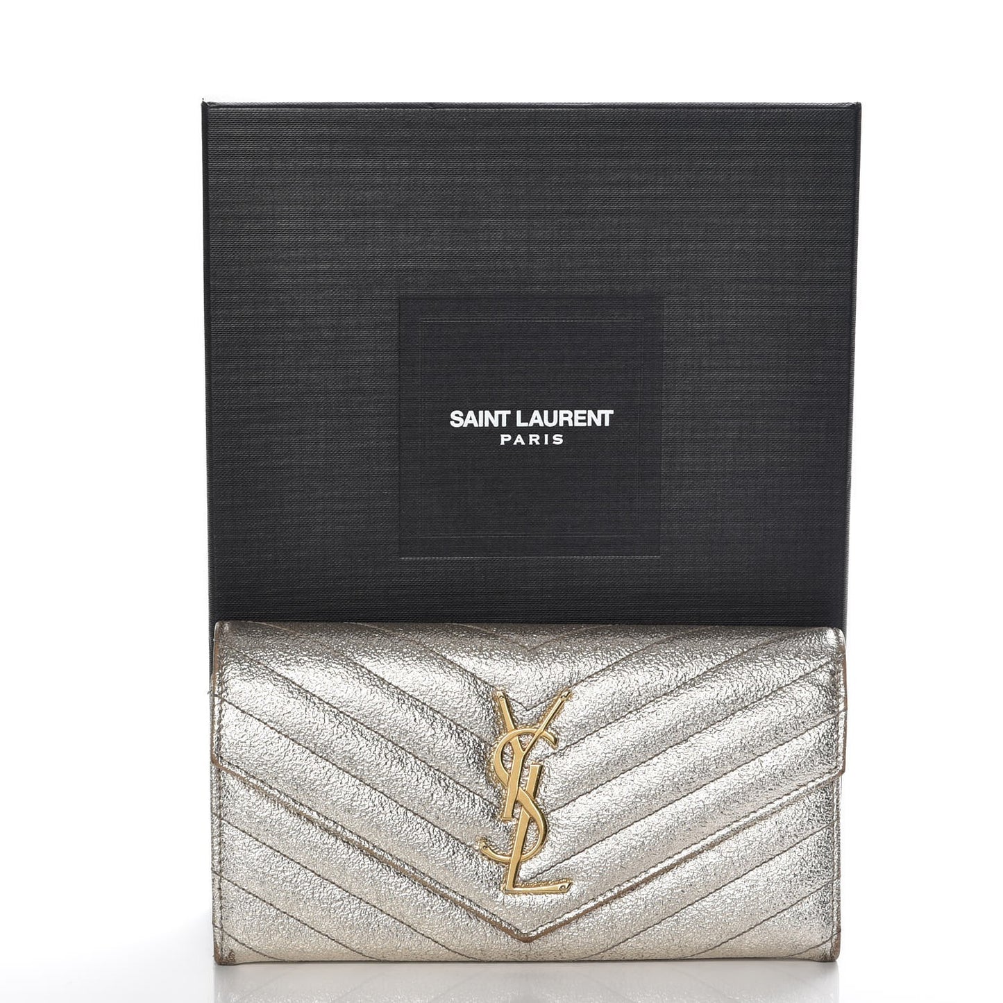 Metallic Crackled Calfskin Matelasse Chevron Monogram Flap Wallet Gold