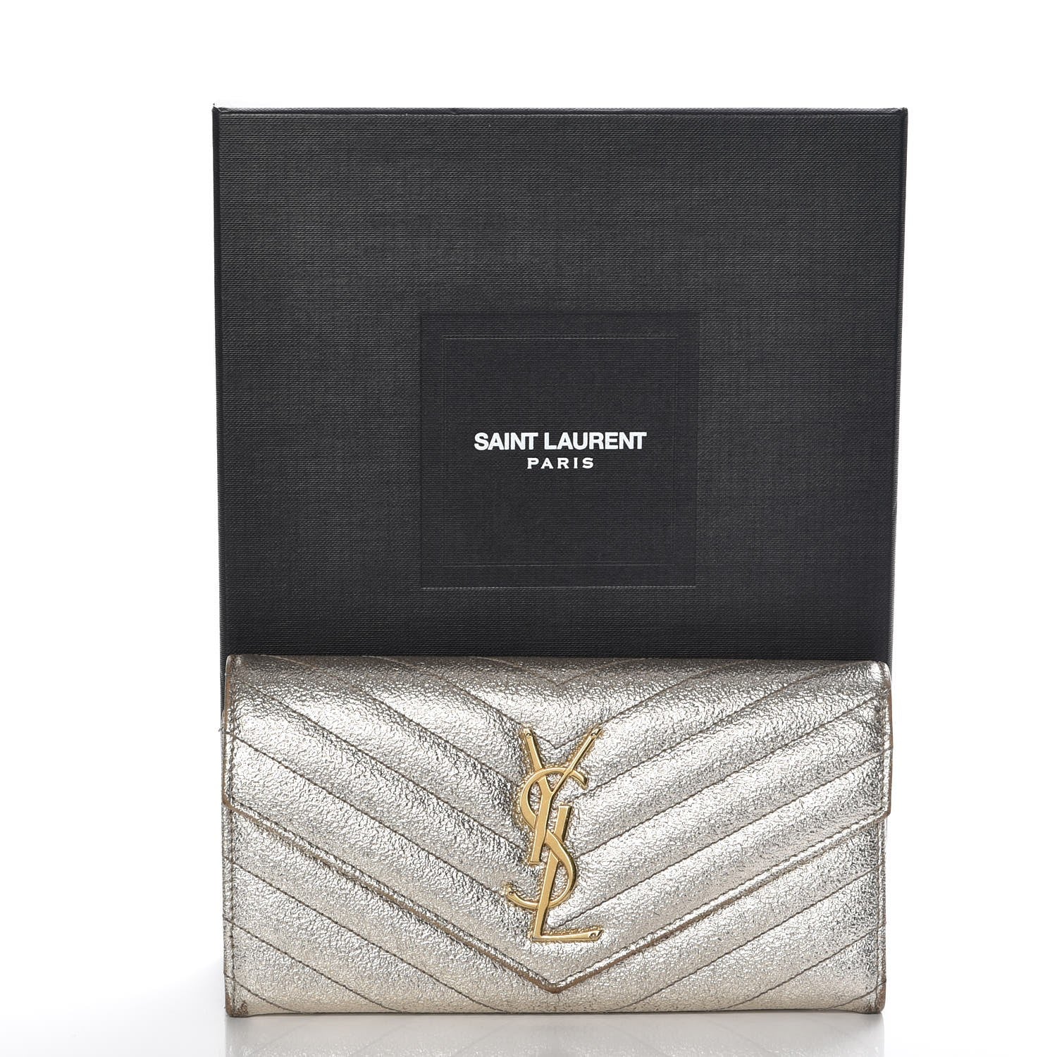 Saint Laurent Metallic Crackled Calfskin Matelasse Chevron Monogram Flap Wallet Gold 13 of 13